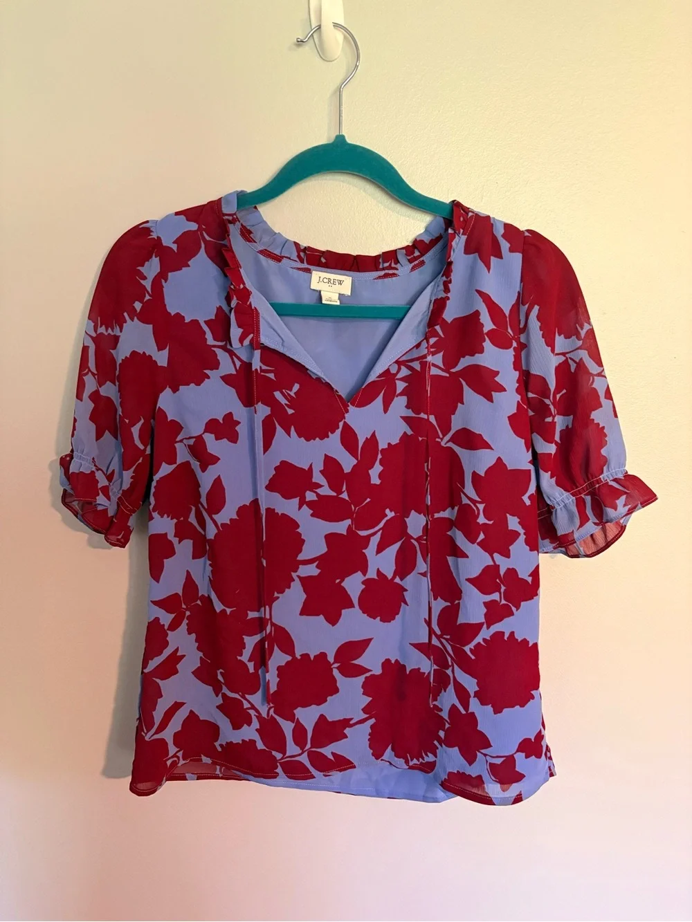 J. Crew Red Floral Tie-Neck Short Sleeve Blouse